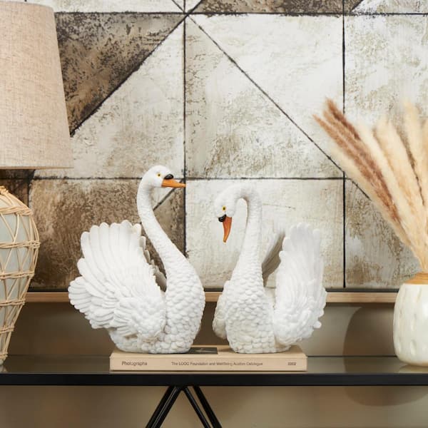 Litton Lane Mavern White 9 in. x 11 in. Resin Textured Swan Sculpture (Set of 2)