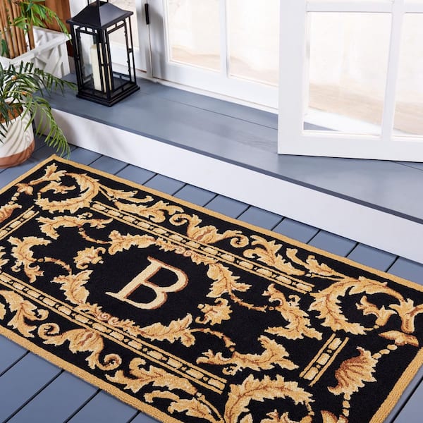 Monogram 3 ft. x 6 ft. Black Ornate Leaf Indoor/Outdoor Area Rug