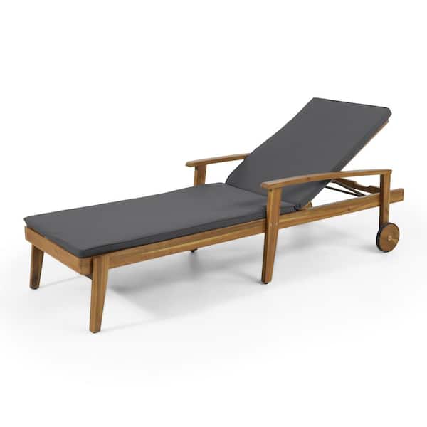 Sudzendf Wood Outdoor Chaise Lounge with Gray Cushion