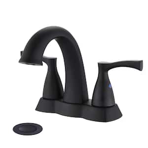 4 in. Centerset Double Handle High Arc Bathroom Faucet with Drain Kit Included Brass Sink Vanity Faucets in Matte Black