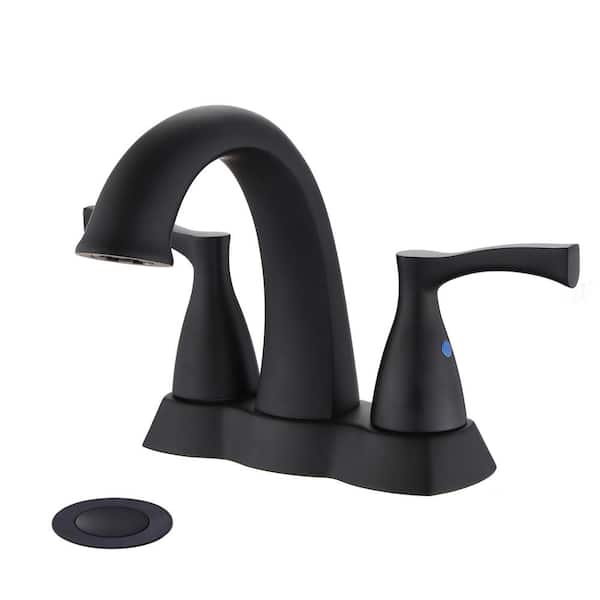 FLG 4 in. Centerset Double Handle High Arc Bathroom Faucet with Drain Kit Included Brass Sink Vanity Faucets in Matte Black