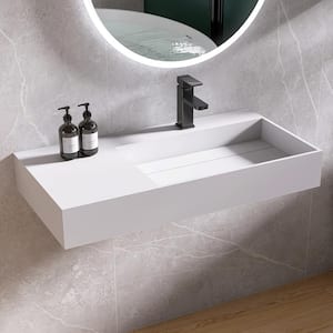 36 in. x 18 in. x 5 in. Solid Surface Wall-Mounted Bathroom Sink in White with Drain Cover and Faucet Hole (Right Sink)