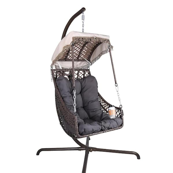 38 in. ft. Single Gray Metal Patio Swing without Umbrella with White Cushion