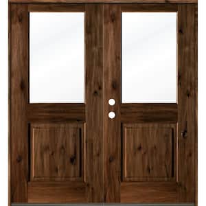 64 in. x 80 in. Rustic Knotty Alder Wood Clear Half-Lite provincial stain Right Active Double Prehung Front Door