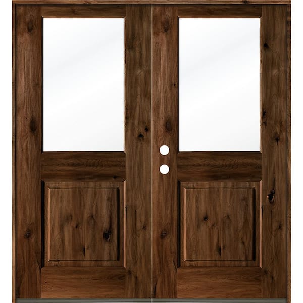 Krosswood Doors 72 in. x 80 in. Rustic Knotty Alder Wood Clear Half-Lite provincial stain Right Active Double Prehung Front Door