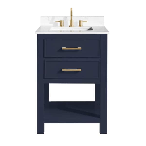 Brooks 25 in. Single Sink Navy Blue Bath Vanity with Cala White Engineered Stone Top