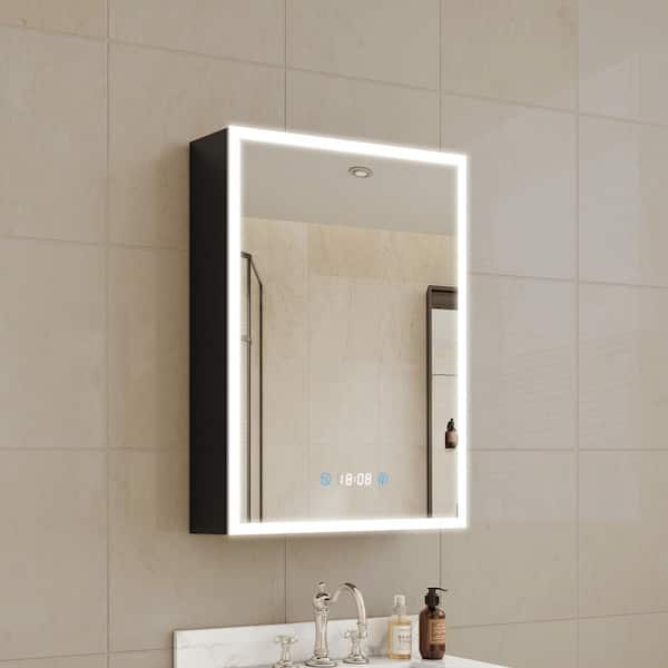 FAMYYT 20 in. W x 28 in. H Black Rectangular Aluminum Flowing LED Light Medicine Cabinet with Mirror, Right Hinge