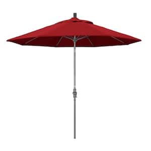 9 ft. Hammertone Grey Aluminum Market Patio Umbrella with Collar Tilt Crank Lift in Red Olefin