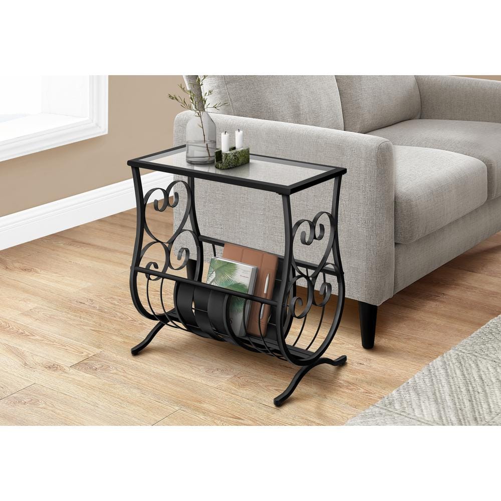 11.5 in. Black Rectangular Tempered Glass End Table Magazine Rack