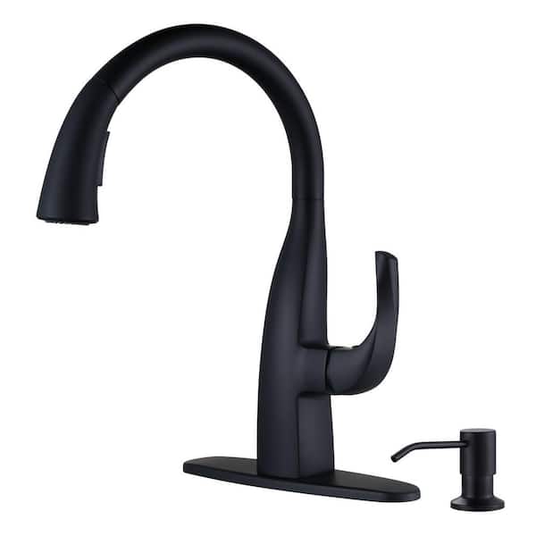 WOWOW Single Handle Pull Down Sprayer Kitchen Faucet with Soap Dispenser in Black