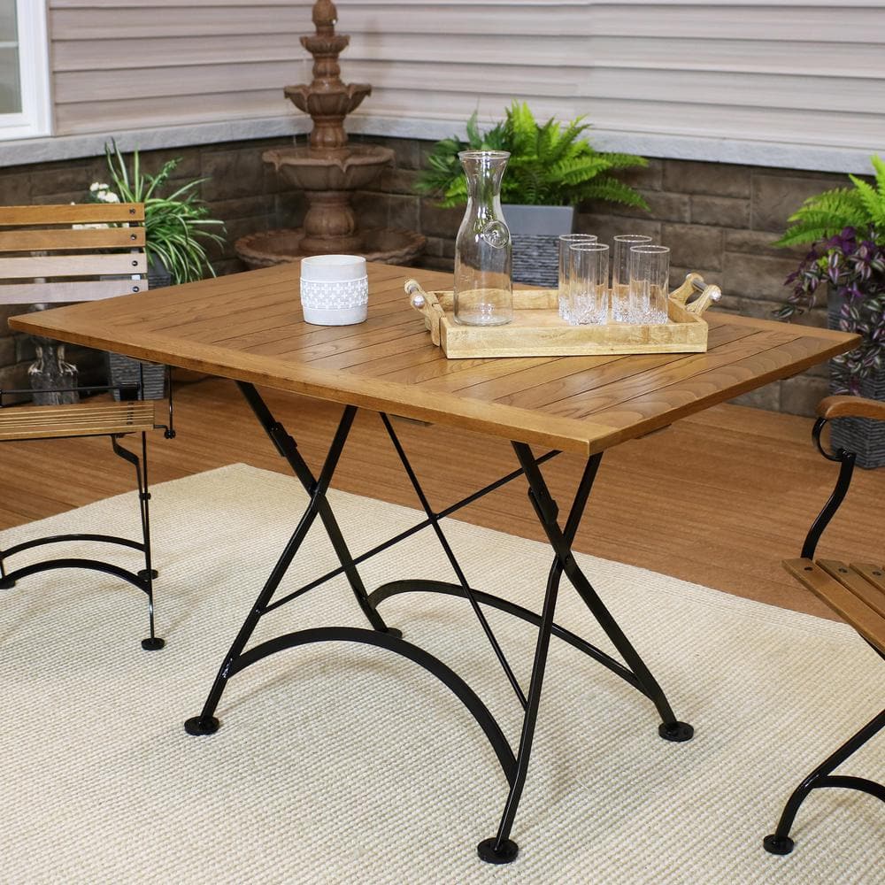 Chestnut Wood Folding Patio Dining Table with Black Steel Frame
