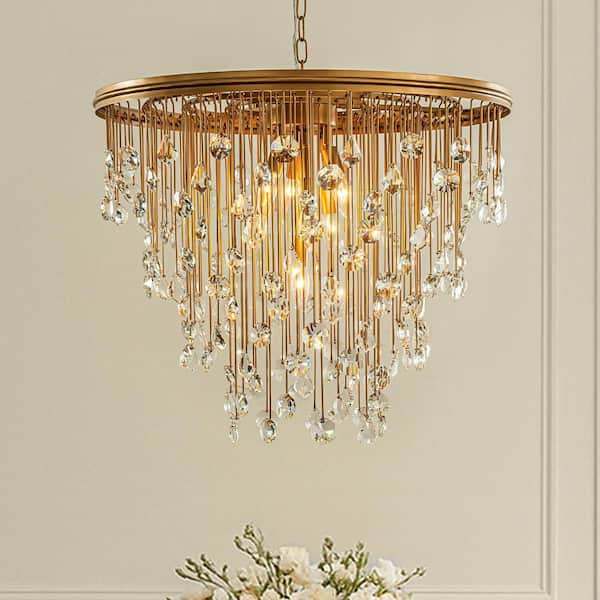 7-Light W28 in Antique Gold Mid-Century Modern Crystal Chandelier Vintage Glam Unique Ceiling Fixture for Living Room