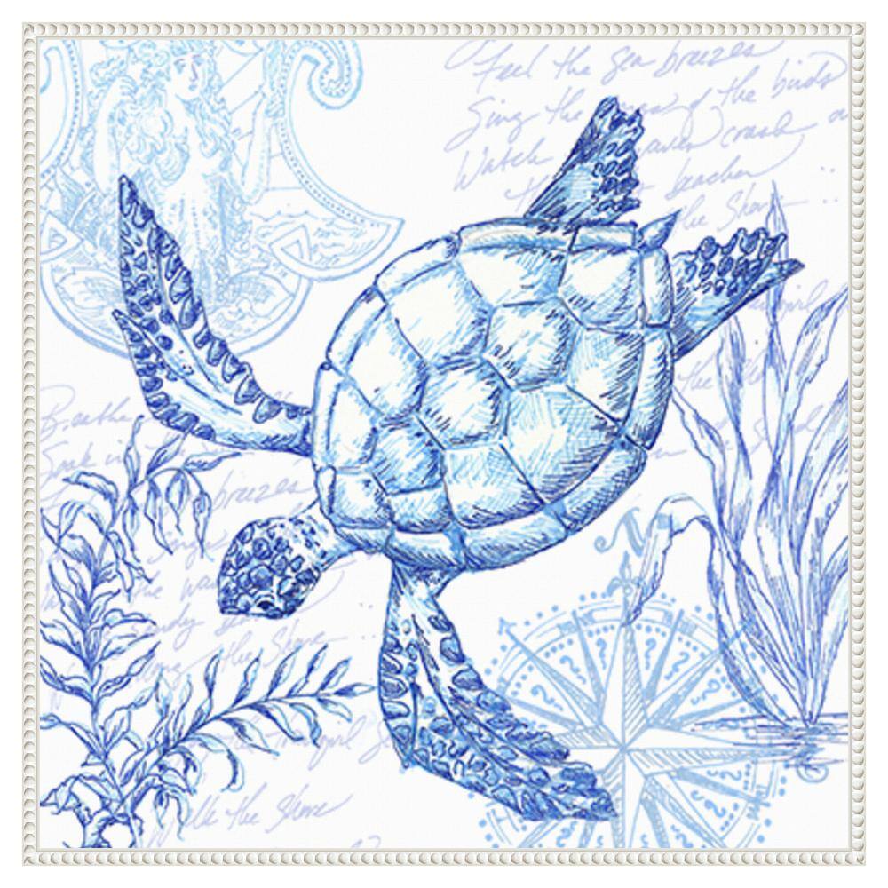 Coastal Sketchbook Turtle Blue and White Canvas Print with Floater Frame