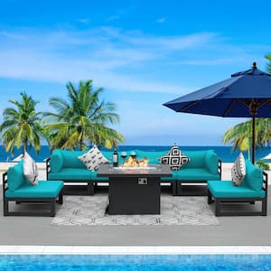 Gray 7-Piece Large Patio Aluminum Deep Seating Sofa Set, 55,000 BTU Fire Pit Table and Teal Cushions