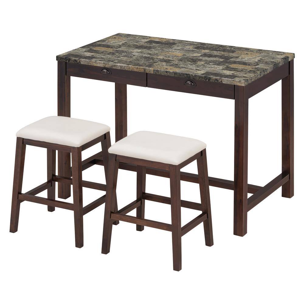 3-Piece Rectangle Walnut MDF Dining Table Set Seats 2
