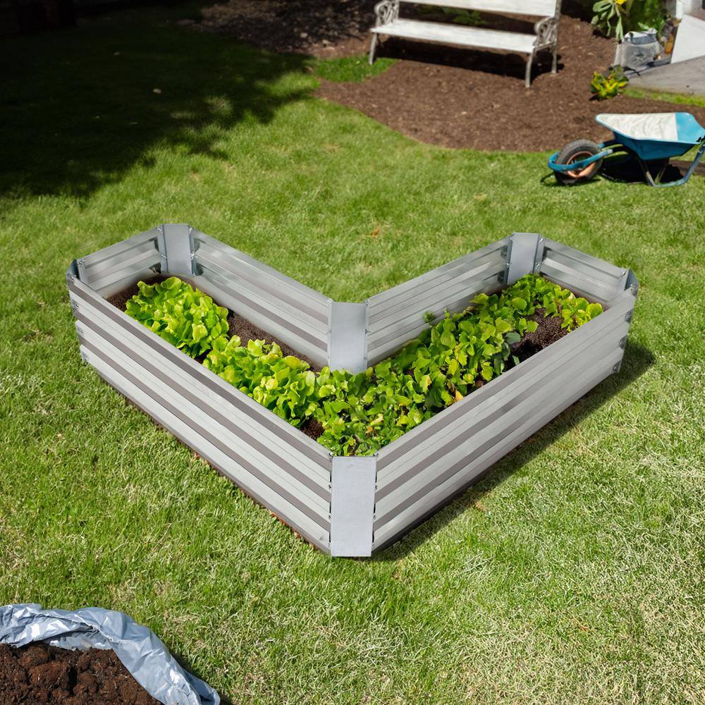 L-Shaped Silver Galvanized Steel Raised Garden Bed
