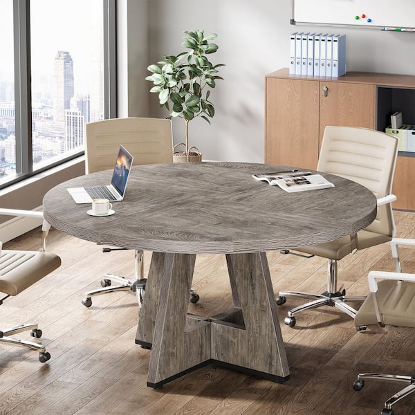 BYBLIGHT Moronia 47.25 in. Gray Round Conference Table for 4-People, Wood Seminar Desk with Sturdy Base for Meeting Room