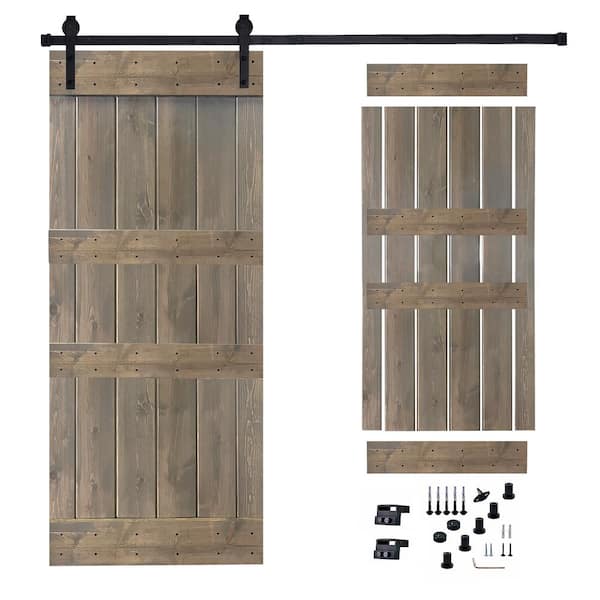 Akicon 36 in. x 84 in. Briar Smoke Painted Wood Sliding Door with Hardware Kit, Pre-Drilled Ready to Assemble