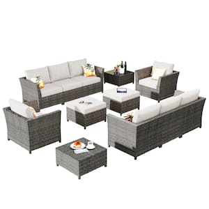 Vesta Gray 12-Piece Wicker Outdoor Patio Conversation Sectional Sofa Set with Biege Cushions