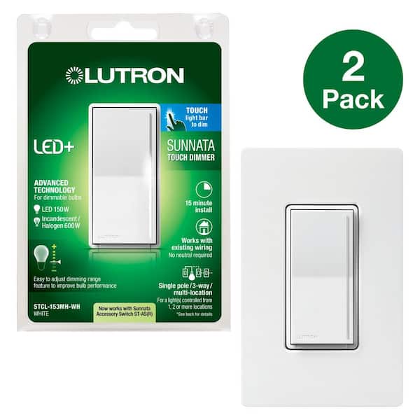 Lutron Sunnata Touch Dimmer Switch w/Wallplate, for LED Bulbs, 150Watt/3 Way or Multi Location, White (STCL-2PKMHW-WH) (2-Pack)