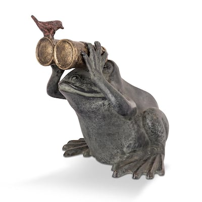 Frog Spectator With Bird Garden Statue, Metal Frog Garden Statues