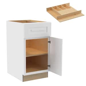 Grayson 15 in. W x 24 in. D x 34.5 in. H Pacific White Painted Plywood Shaker Assembled Base Kitchen Cabinet Rt CT Tray