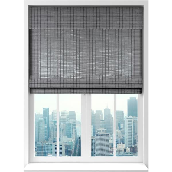 CalyxInteriors Seaside Gray Cordless Light-Filtering Bamboo Woven Roman Shade 20 in. W x 74 in. L