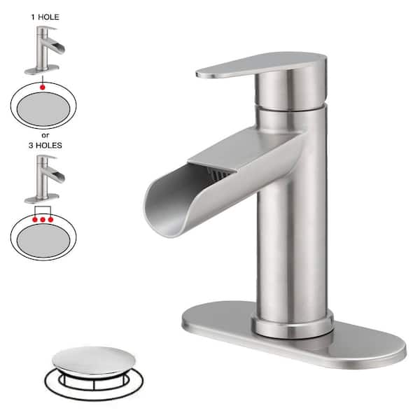 BWE Waterfall Single Handle Single Hole Farmhouse Bathroom Faucet Bathroom Drip-Free Vanity RV Sink Faucet in Brushed Nickel