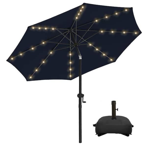 PASAMIC 10 ft. Aluminum Solar Led Market Umbrella Outdoor Patio Umbrella with Base 32 LED Lights in Navy Blue