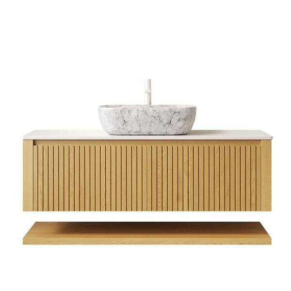 TCYO 48 in. Wall-Mounted Oak Bath Vanity with White Sintered Stone Top ...