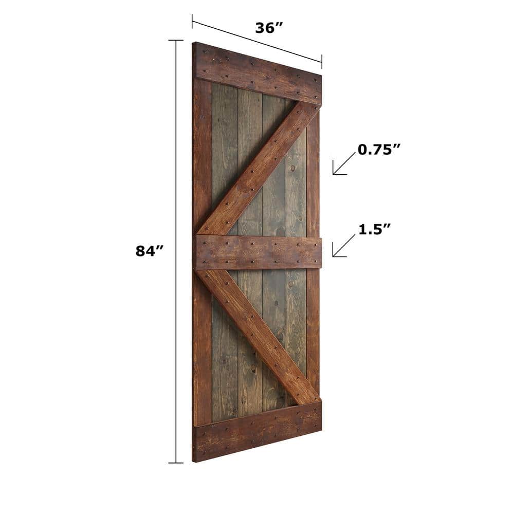 Aged Barrel Dark Walnut Pine Wood Sliding Barn Door with Hardware Kit
