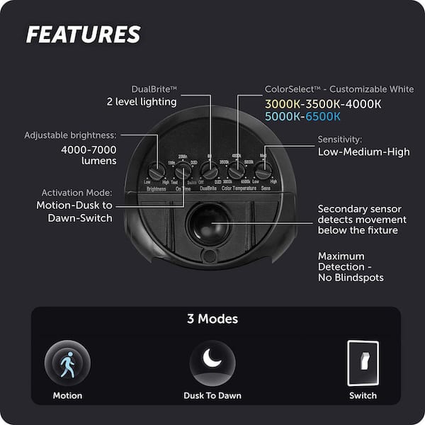 70-Watt 7000 Lumen 240° Black Motion Sensing Integrated LED Super Bright Flood Light with 5CCT and Dual Brite