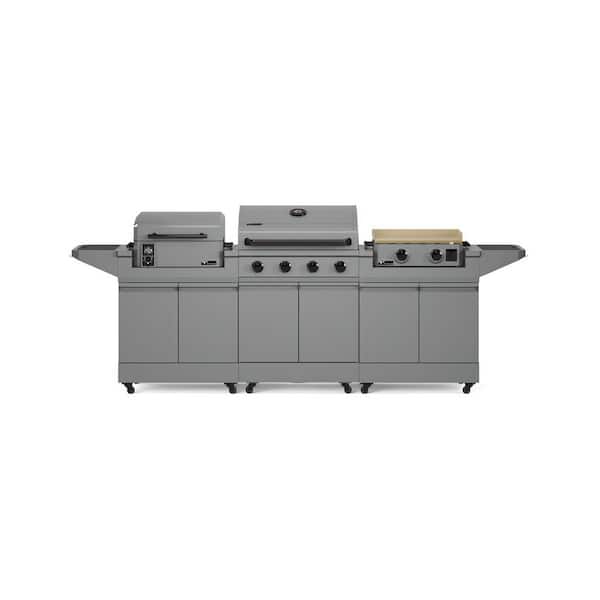 Modular 4-Burner Gas Grill, Pellet Smoker with Cart and 2-Burner Gas Griddle with Cart in Gray