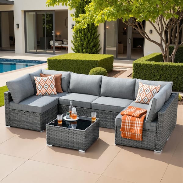 Caodoc Elora Gray 7‑Piece Wicker Outdoor Patio Conversation Set with Dark Gary Cushions Ideal for Backyard, Deck, or Garden