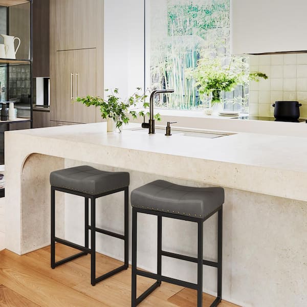 LUE BONA 24 in. Gray Cusioned Backless Saddle Faux Leather Bar Stools with Metal Frame(Set of 2)