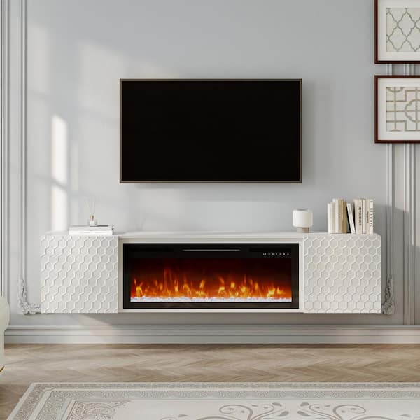 Boyel Living White Wall Mounted TV Stand Fits TVs up to 70 in. with 36 in. Electric Fireplace