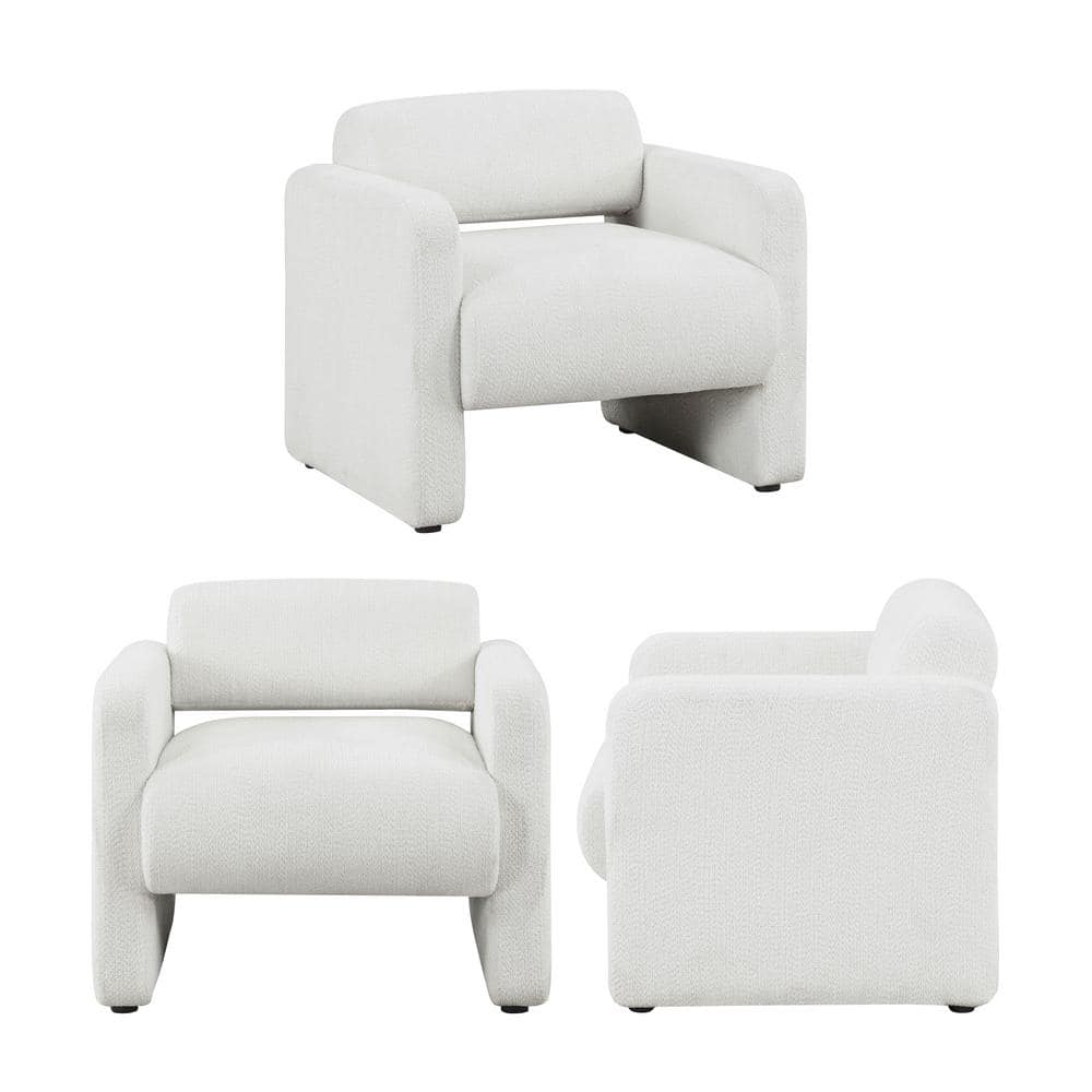 White Boucle Upholstered Barrel Accent Chair with Wood Frame