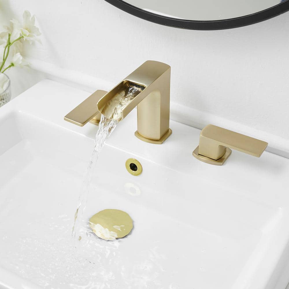 Brushed Gold 8-inch Widespread Double-Handle Waterfall Faucet Set