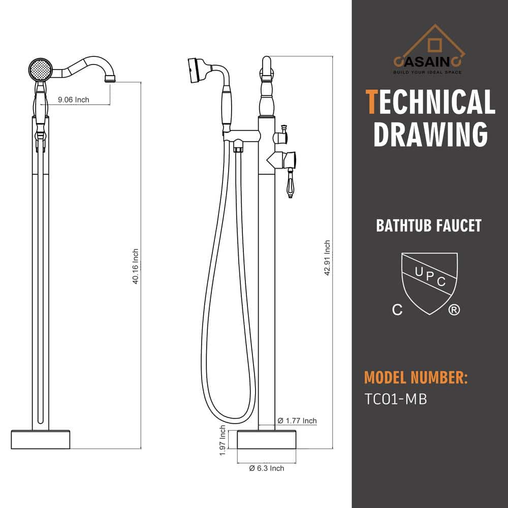 Matte Black Stainless Steel Freestanding Bathtub Faucet with Hand Shower