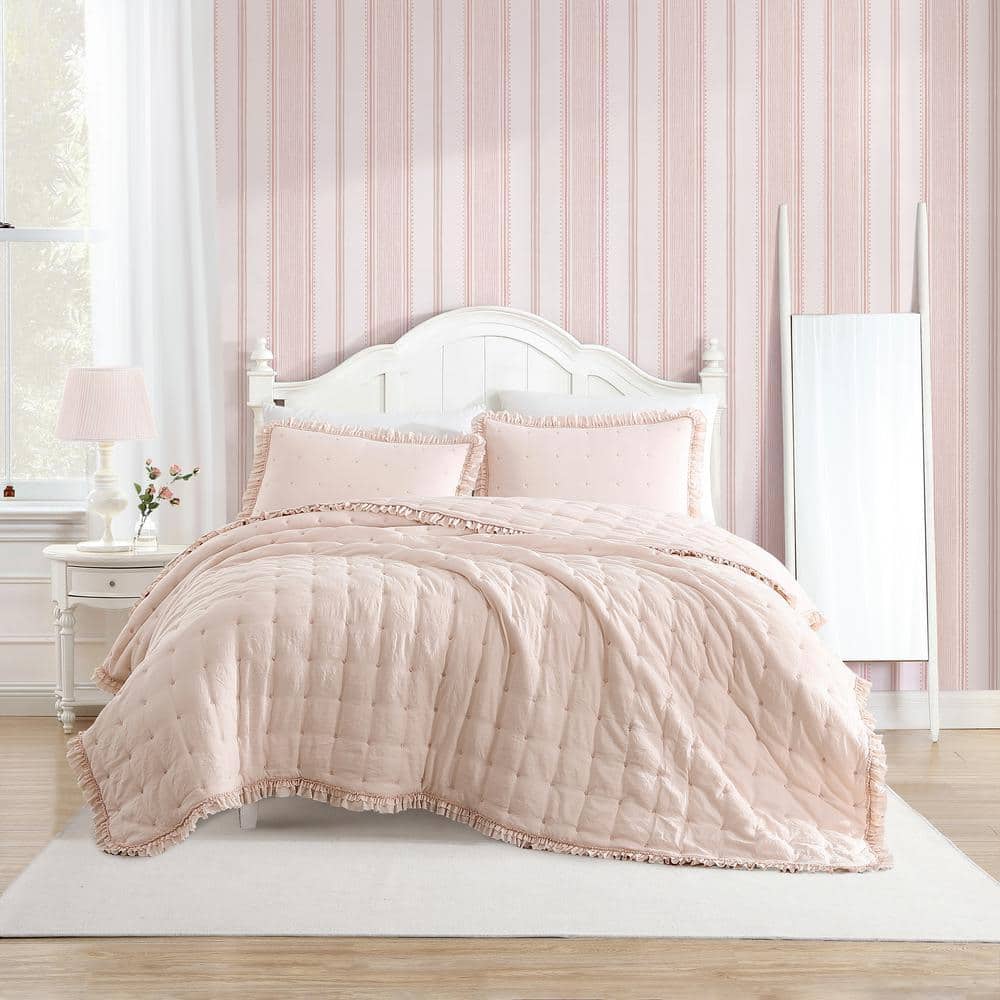 ローラアシュレイ　タオルケット　アメリ　ピンク Laura Ashley Hailee 3-Piece Pink Microfiber Full/Queen Quilt Set