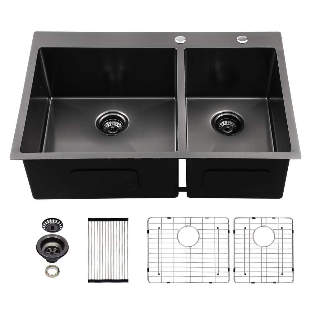 Sarlai 33 in. Drop-in/Topmount 60/40 Double Bowl 16 Gauge Gunmetal ...