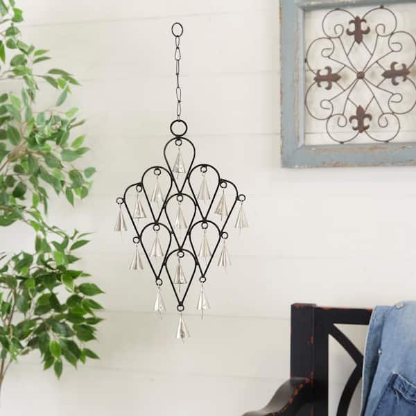Litton Lane 22 in. Black Metal Teardrop Windchime with Bells and Chain Ring Hanger