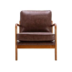 Leisure Brown PU Wood Frame Lounge Chair Arm Chair with Detachable Cushion