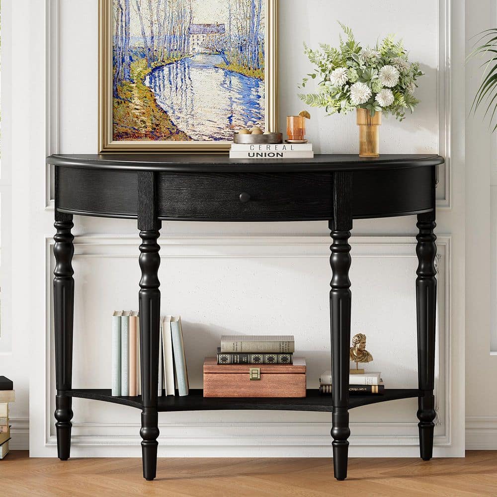 39 in. Black Half-Moon Wood Console Table with Drawer and Shelf price history on PriceWatchPro
