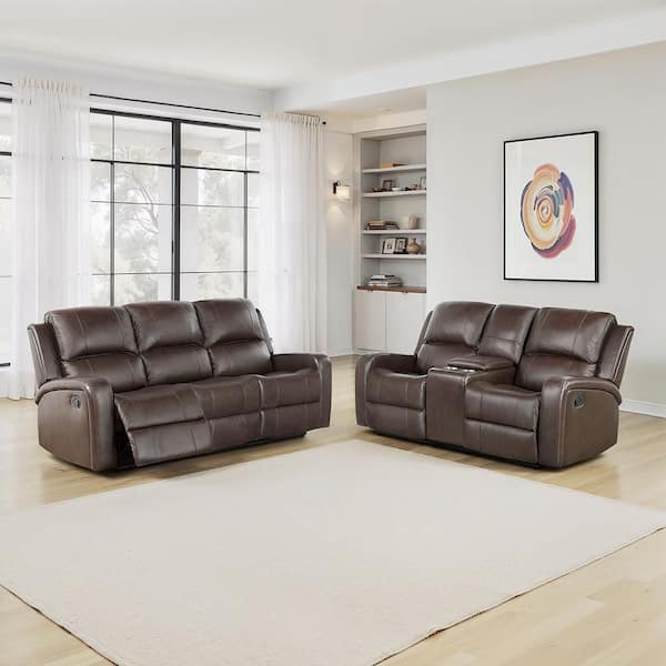 Longvale 78 in. W Pillow Top Arm Leather Rectangle Manual Double Reclining Sofa Set in Brown, 2-Piece