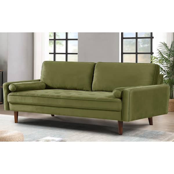 US Pride Furniture Monahan 70 in. Square Arm Velvet Rectangle Mid-Century Modern Button Tufted Sofa in Olive Green