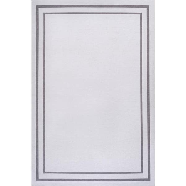 Sloane Classic 2-Stripe Border Washable White/Gray 9 ft. x 12 ft. Area Rug
