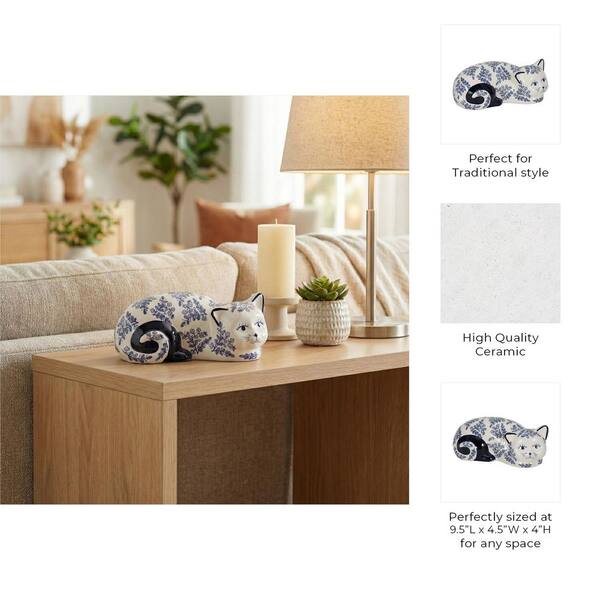 Liv & Skye Blue 9 in. x 4 in. Ceramic Cat Chinoiserie Vintage