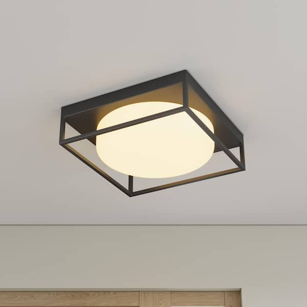 aiwen 13 in. 2-Light Industrial Black Flush Mount Farmhouse Close to Ceiling Light Fixture with White Glass Shade