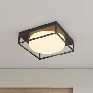 13 in. 2-Light Industrial Black Flush Mount Farmhouse Close to Ceiling Light Fixture with White Glass Shade